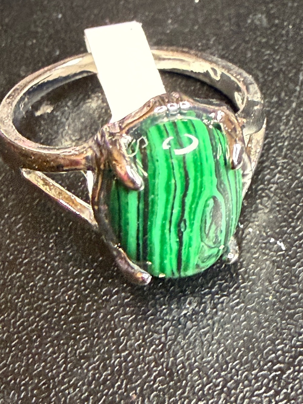 Green Malachite Oval Sterling Tone-Style Ring sz 9/10